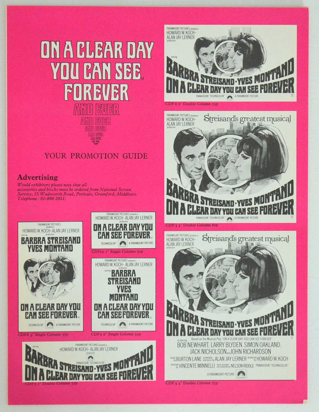 ON A CLEAR DAY YOU CAN SEE FOREVER – Cinema Exhibitors Promotion Guide Sheets