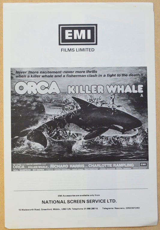 Orca The Killer Whale Original 4 Page Cinema Exhibitors Campaign Press Book (UK)