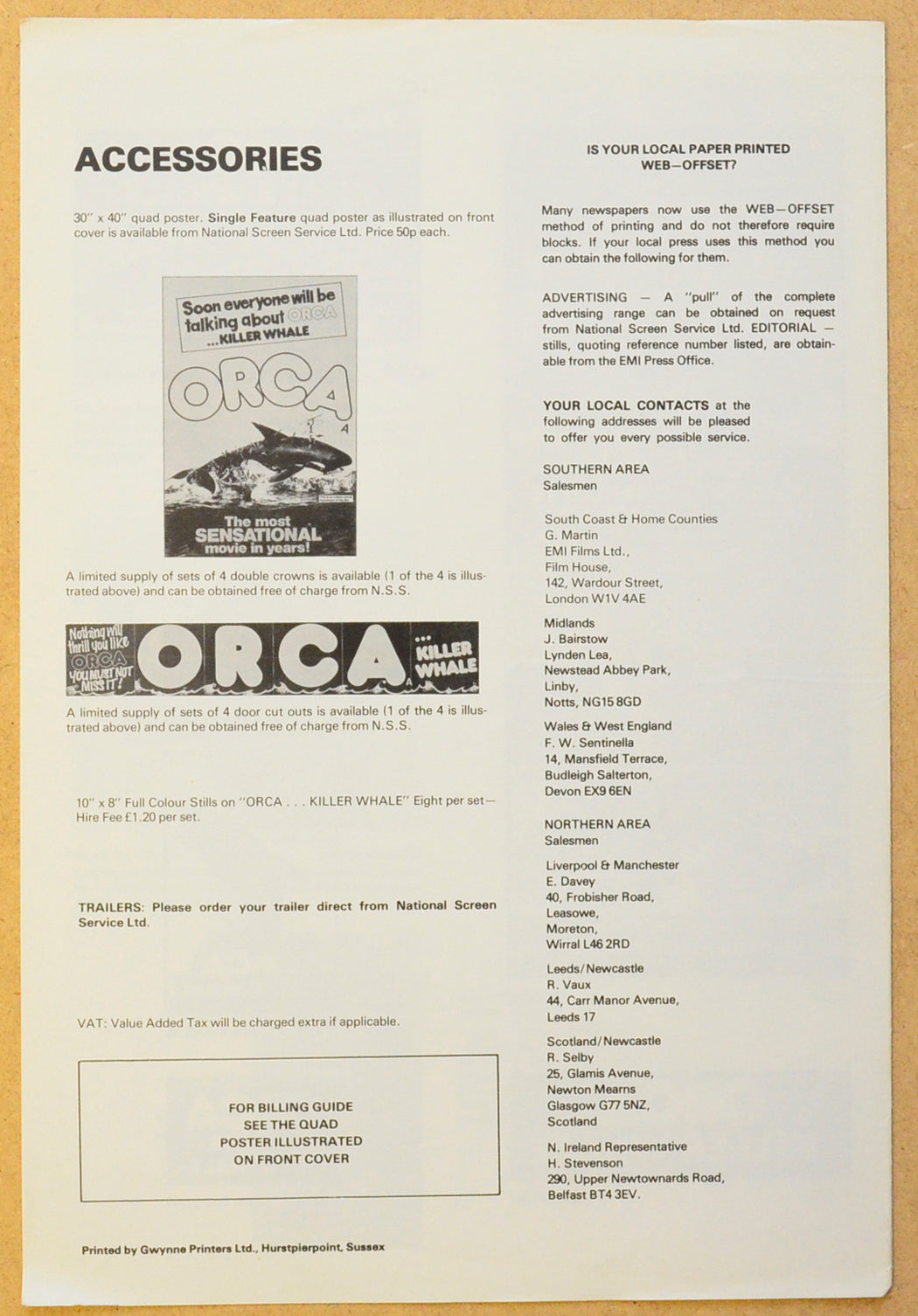 ORCA THE KILLER WHALE Cinema Exhibitors Campaign Press Book - INSIDE 