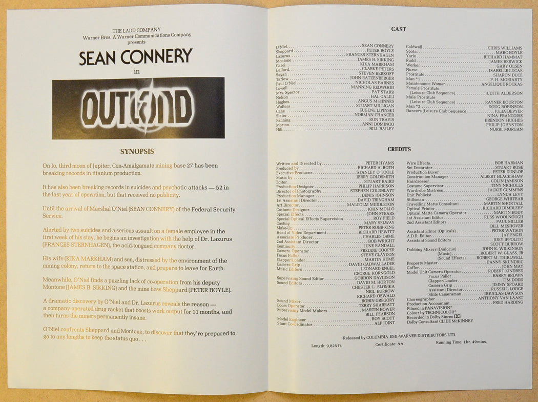 OUTLAND Cinema Exhibitors Synopsis Credits Booklet - BACK 