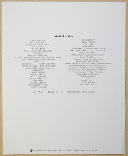 PINK FLOYD : THE WALL Cinema Exhibitors Synopsis Credits Booklet - INSIDE 