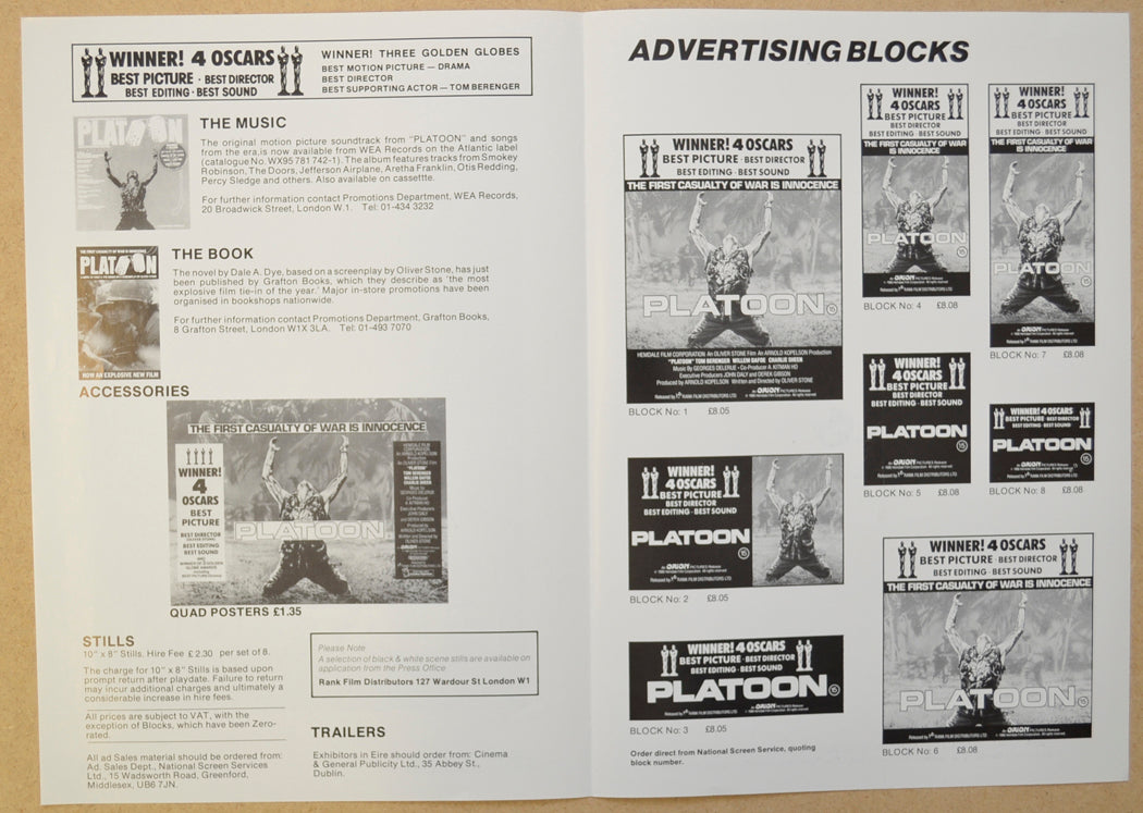 PLATOON Cinema Exhibitors Campaign Press Book - BACK 