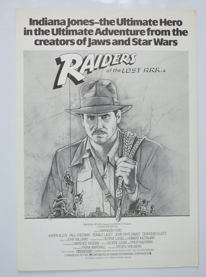 Raiders Of The Lost Ark Original Cinema Exhibitors Press Synopsis / Credits Booklet (UK)