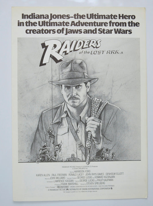 Raiders Of The Lost Ark Original Cinema Exhibitors Press Synopsis / Credits Booklet (UK)