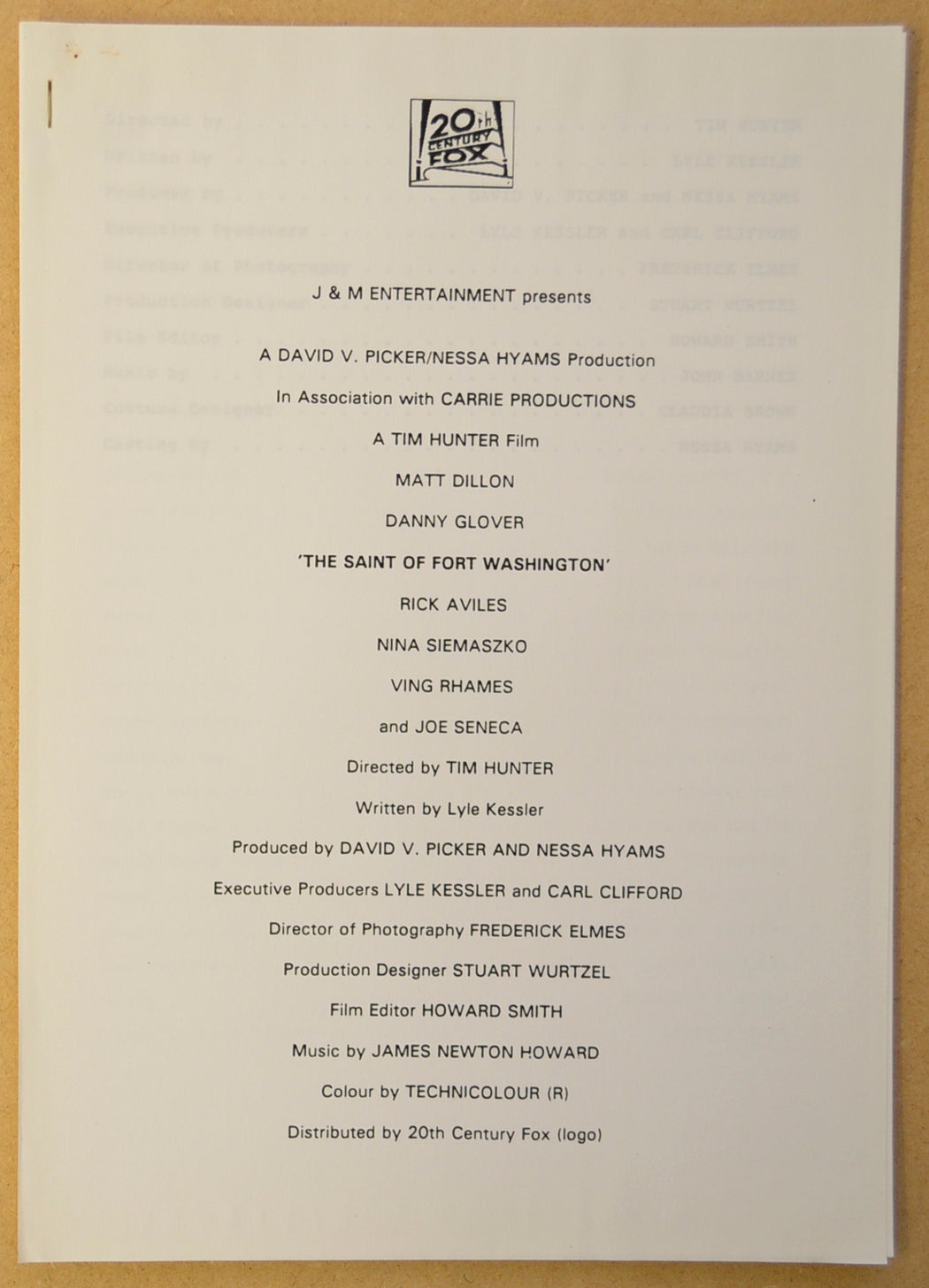 SAINT OF FORT WASHINGTON Original Cinema Press Kit – Credits 