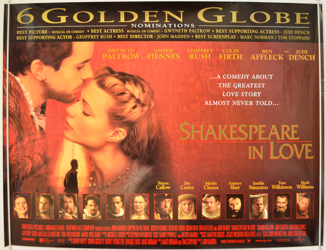 Shakespeare In Love  (Golden Globes Version)  Original Quad Poster - Film Poster - Movie Poster 