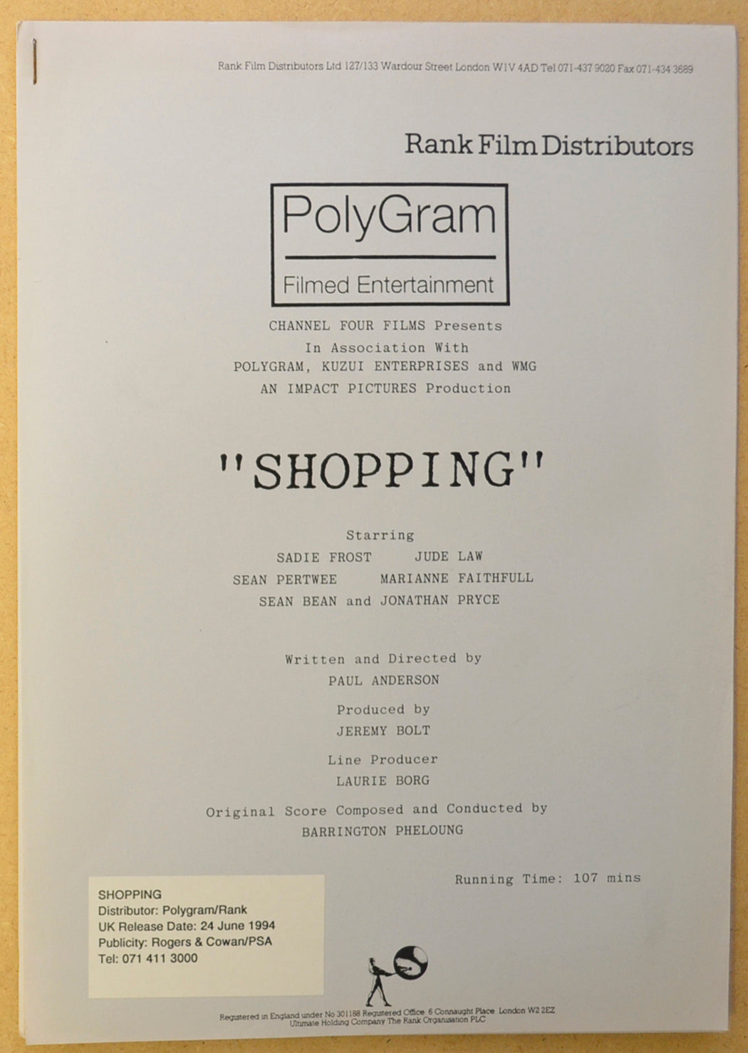 SHOPPING Original Cinema Press Kit – Production Info 