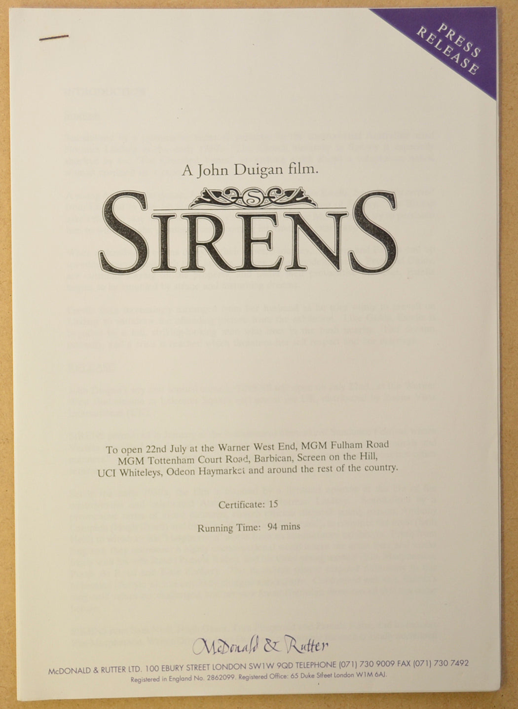 SIRENS Original Cinema Press Kit – Production Info 