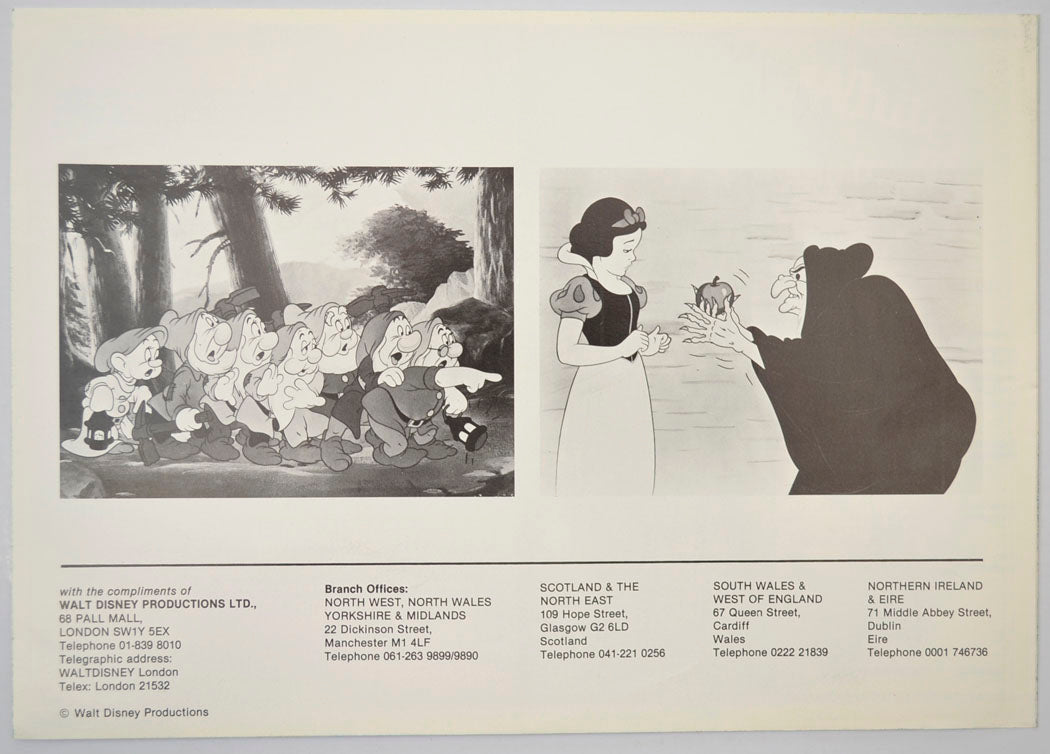 SNOW WHITE AND THE SEVEN DWARFS Cinema Exhibitors Synopsis Credits Booklet - BACK  