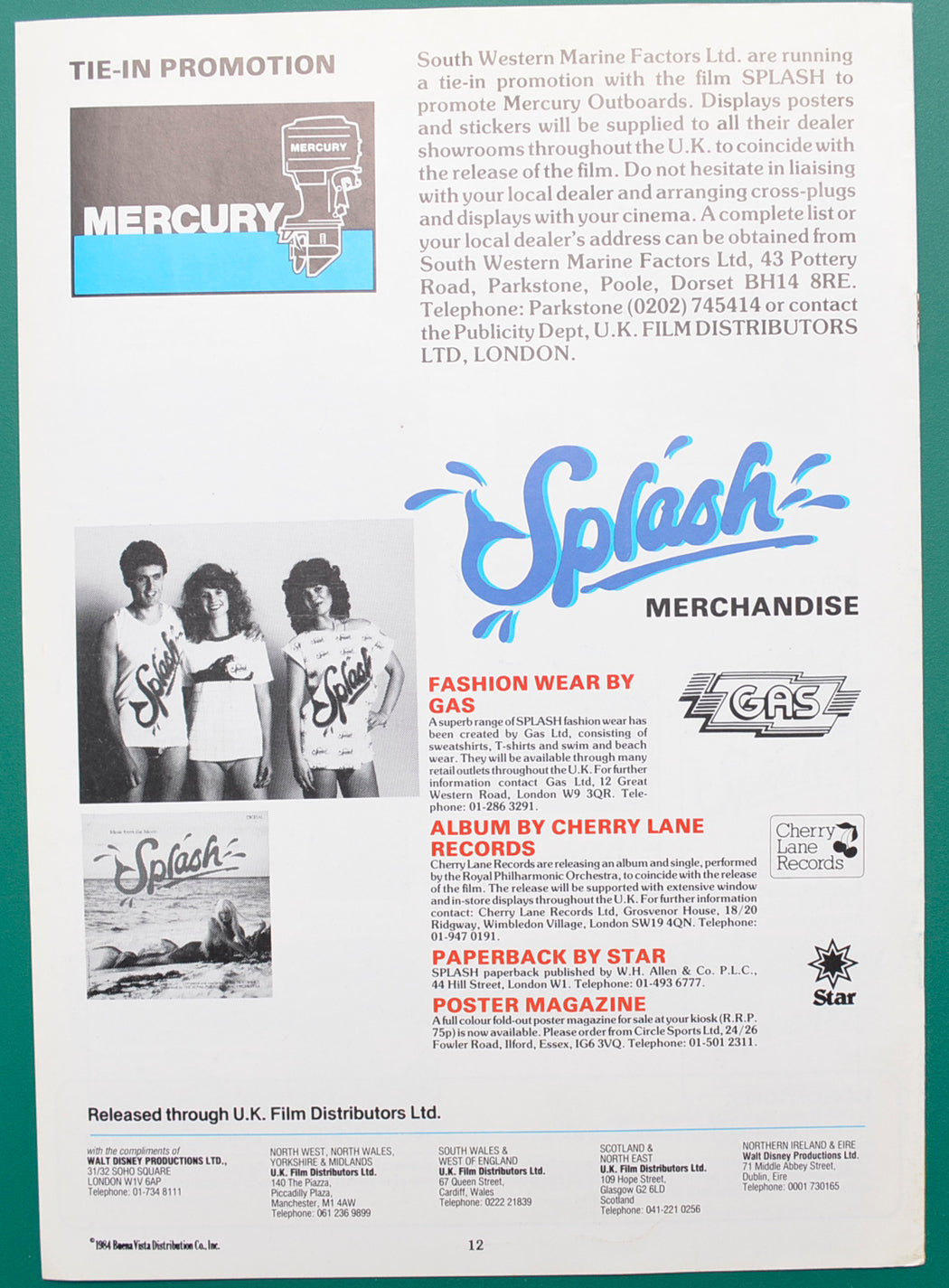 SPLASH – Original Cinema Exhibitors Press Book - Back