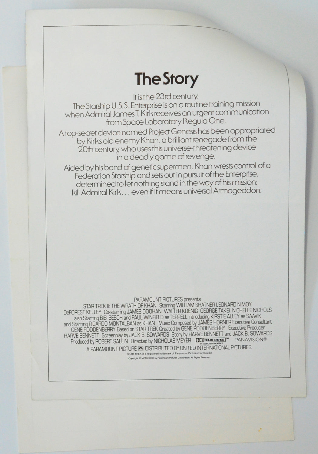 Star Trek II : The Wrath Of Khan Cinema Exhibitors Campaign Pressbook (page 1 back)