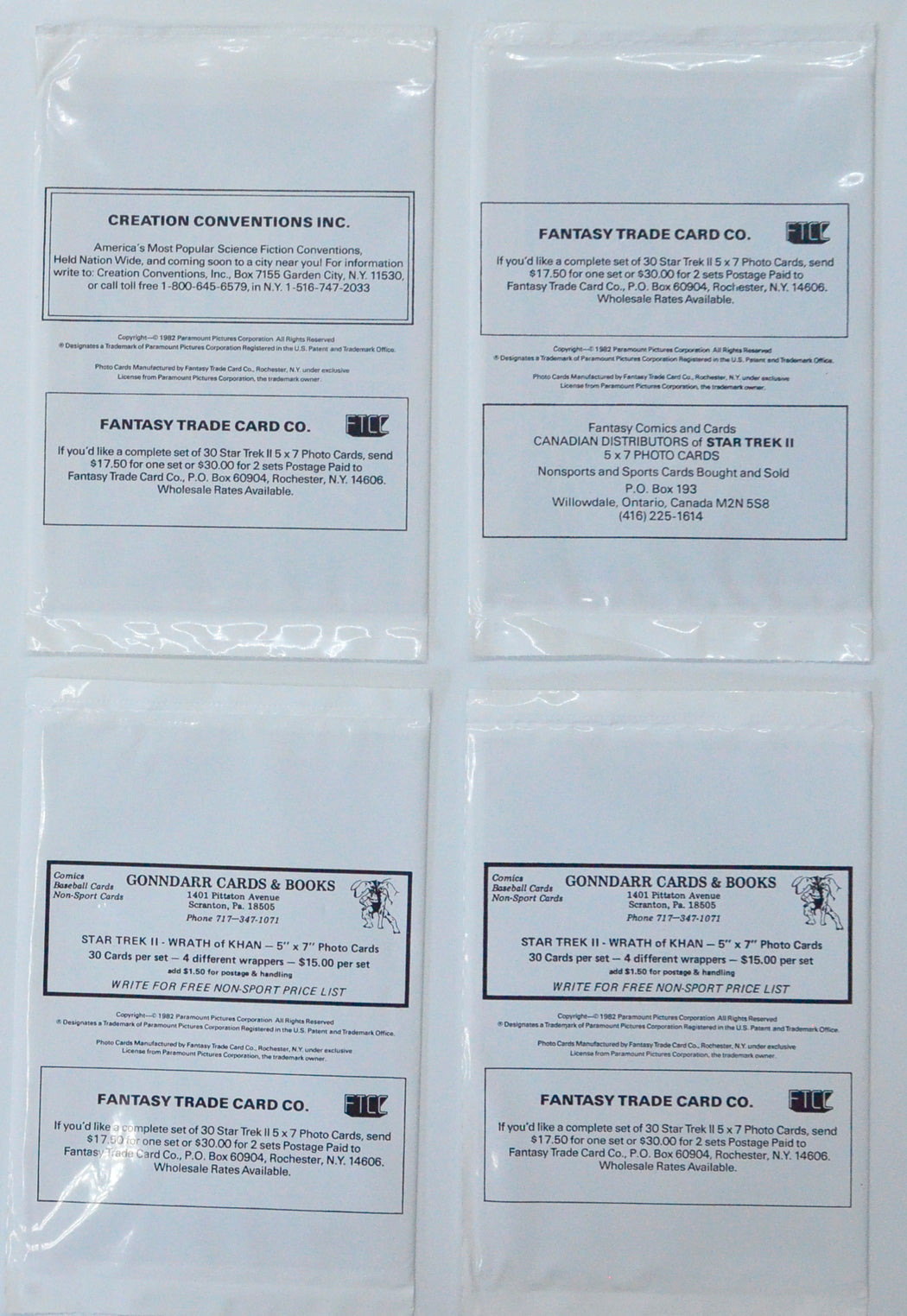 Star Trek II : The Wrath Of Khan 4 Sealed Photo Card packs by FTTC (back)