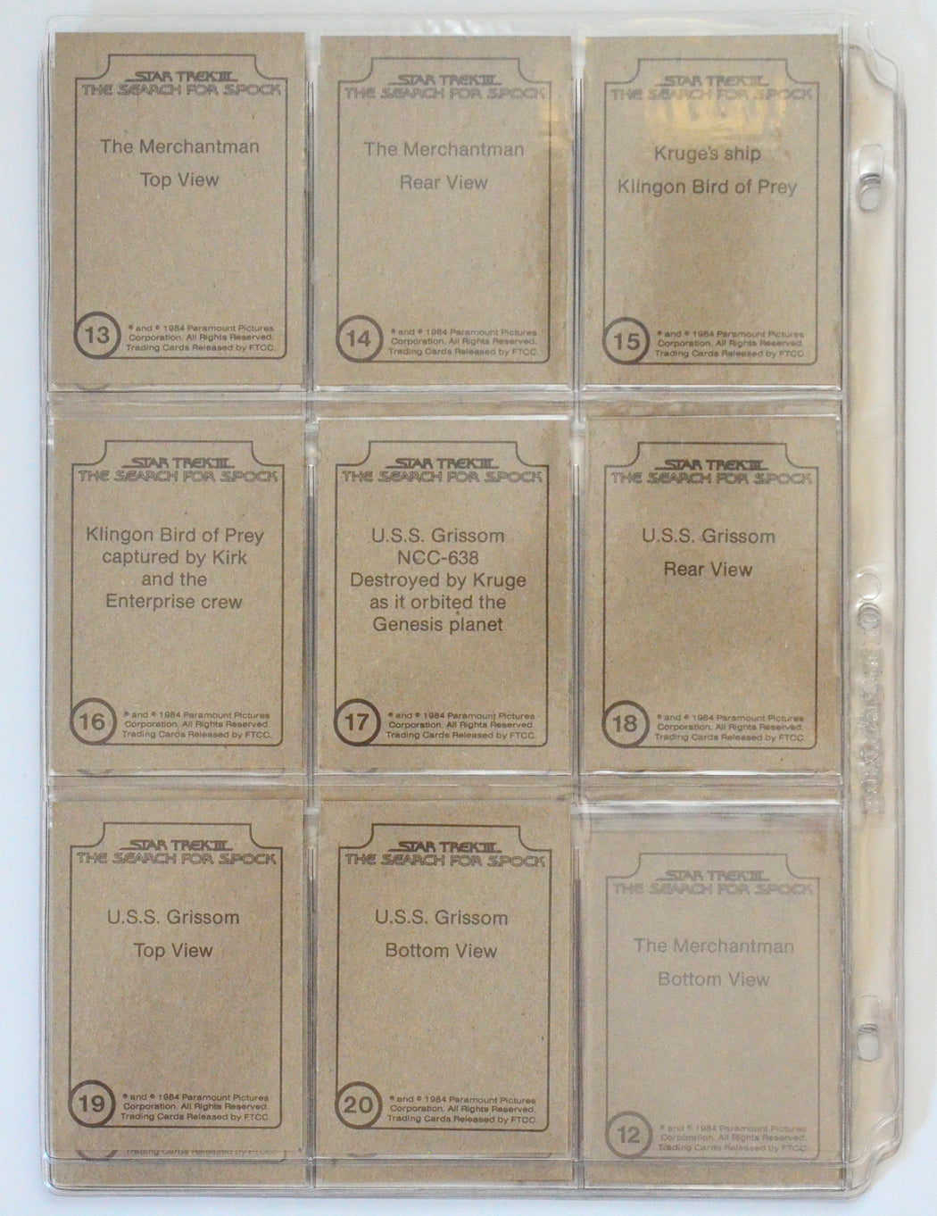 Star Trek III : The Search For Spock Trading Card set by FTCC (back of ships cards 13-20)