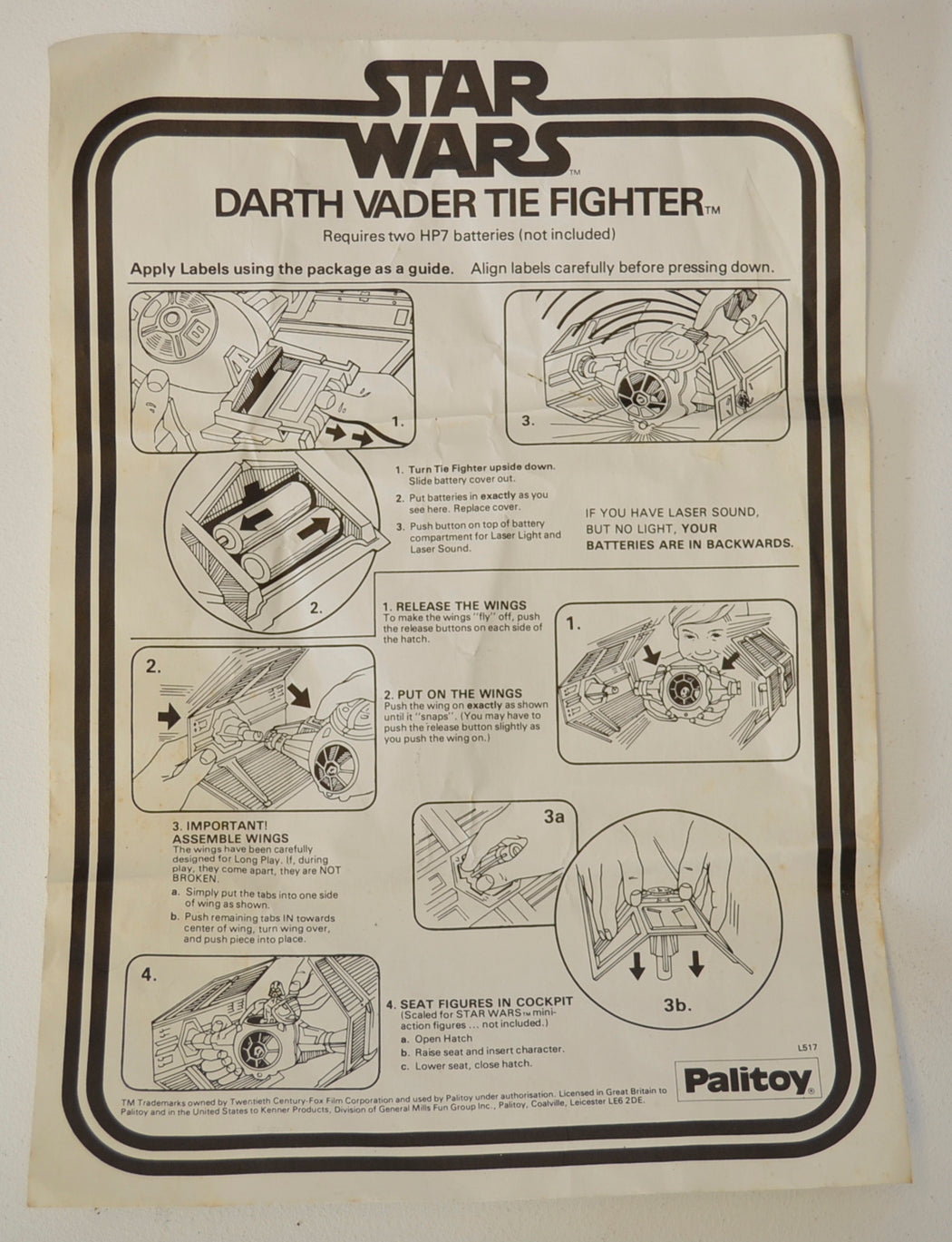 STAR WARS - DARTH VADER TIE FIGHTER - Palitoy Toy 33324 (INSTRUCTION SHEET)  