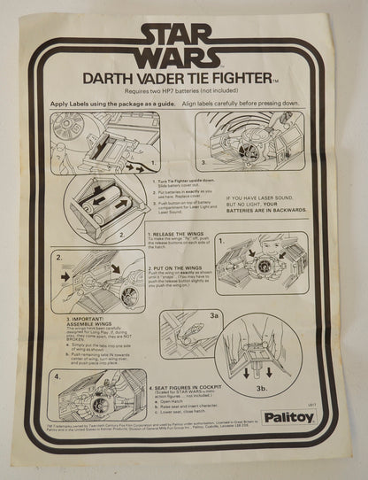 STAR WARS - DARTH VADER TIE FIGHTER - Palitoy Toy 33324 (INSTRUCTION SHEET)  