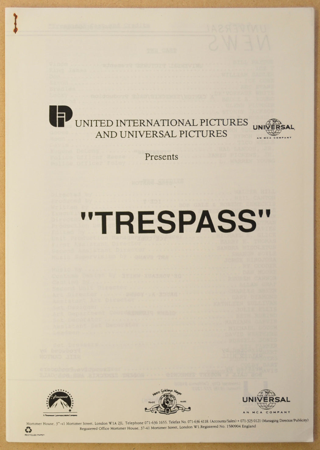 TRESPASS Original Cinema Press Kit – Production Info 