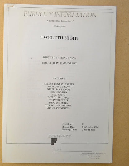 TWELFTH NIGHT Original Cinema Press Kit – Production Info 