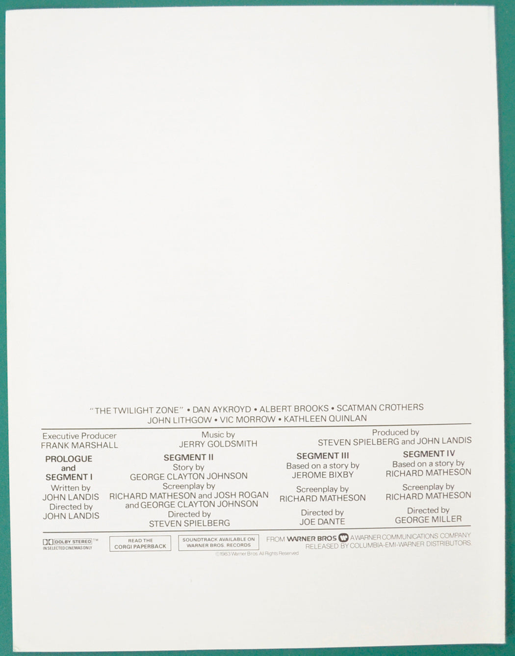 TWILIGHT ZONE - THE MOVIE – Cinema Exhibitors Campaign Press Book – Synopsis Back