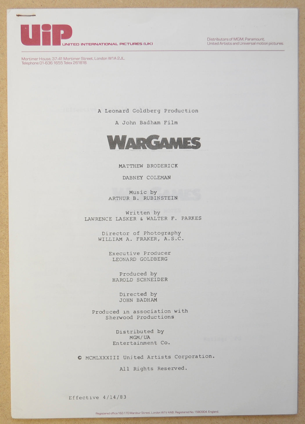 War Games Original 33 Page Production Information Document (UK)