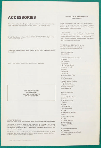 WARLORDS OF ATLANTIS – Cinema Exhibitors Campaign Press Book - Back