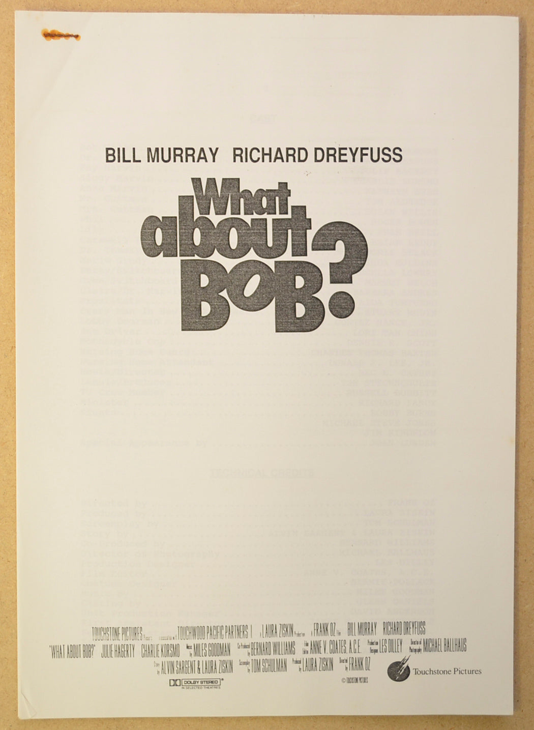 WHAT ABOUT BOB Original Cinema Press Kit – Production Info 