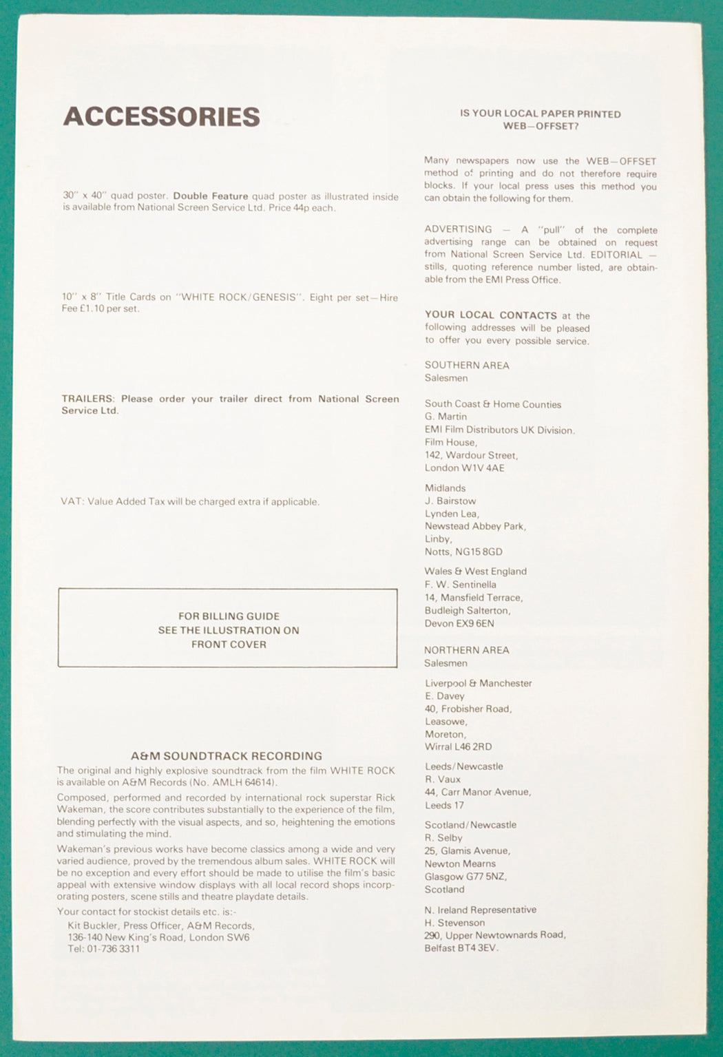 WHITE ROCK / GENESIS IN CONCERT – Cinema Exhibitors Campaign Press Book - Back