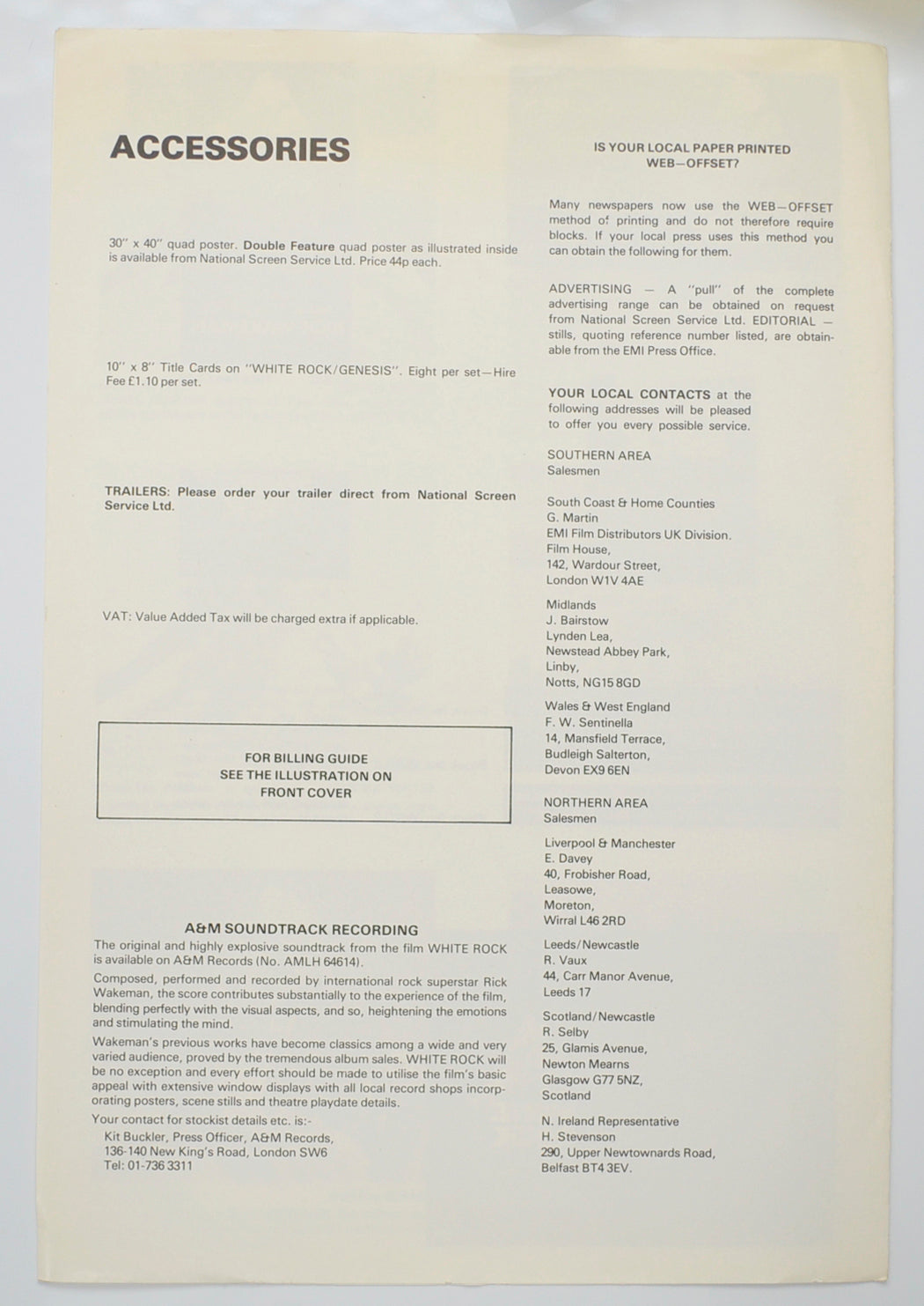 WHITE ROCK / GENESIS IN CONCERT Cinema Exhibitors Campaign Pressbook - BACK 