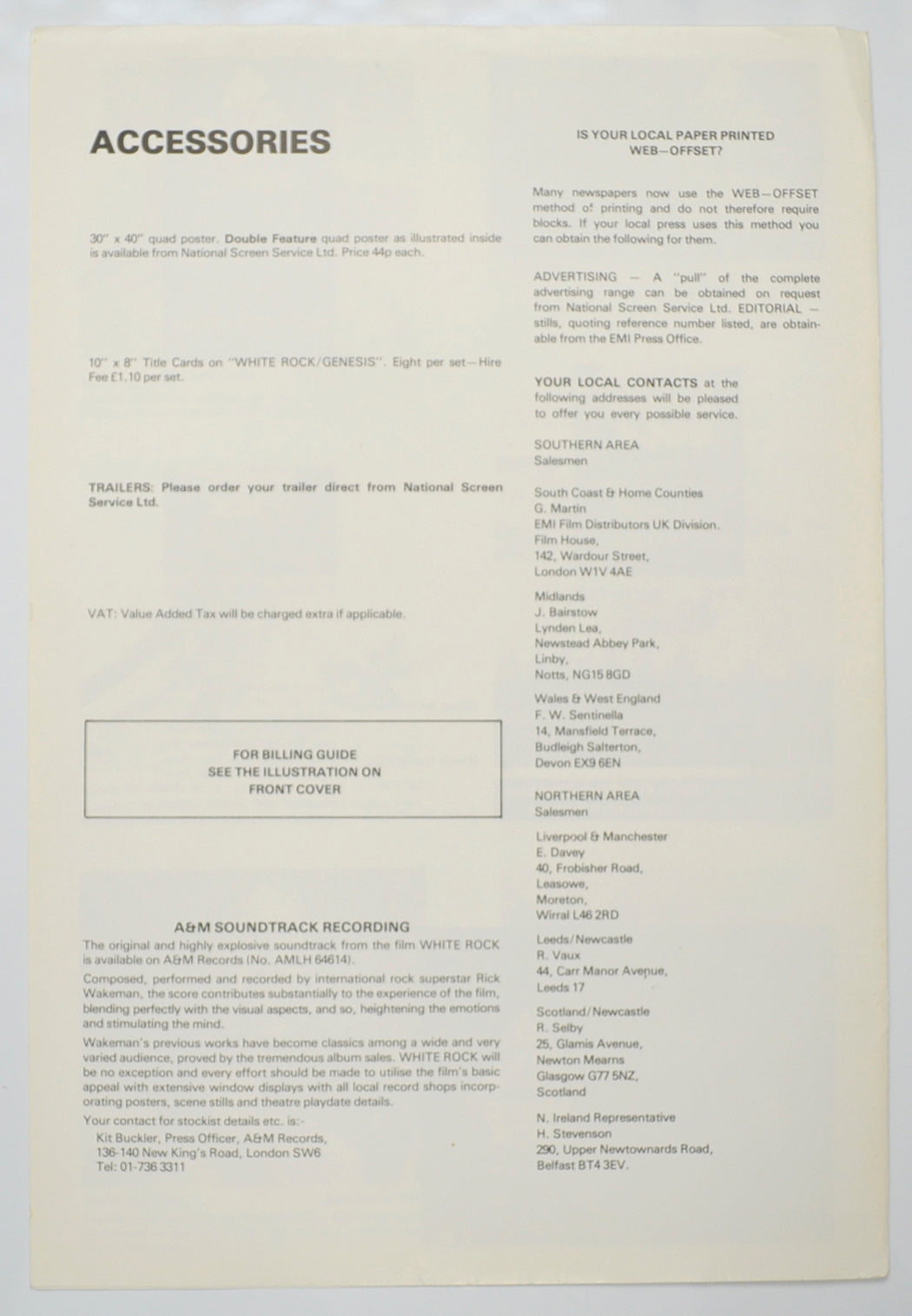 WHITE ROCK / GENESIS IN CONCERT Cinema Exhibitors Campaign Pressbook - BACK 