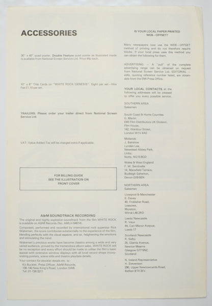 WHITE ROCK / GENESIS IN CONCERT Cinema Exhibitors Campaign Pressbook - BACK 