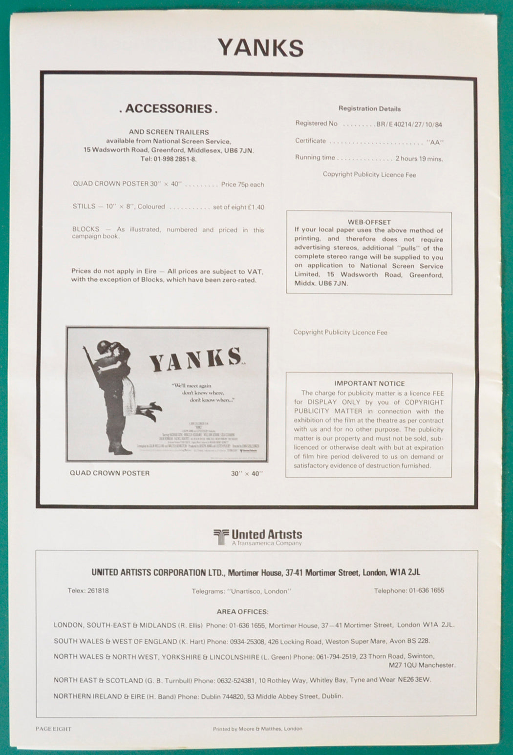 YANKS – Cinema Exhibitors Campaign Press Book - Back