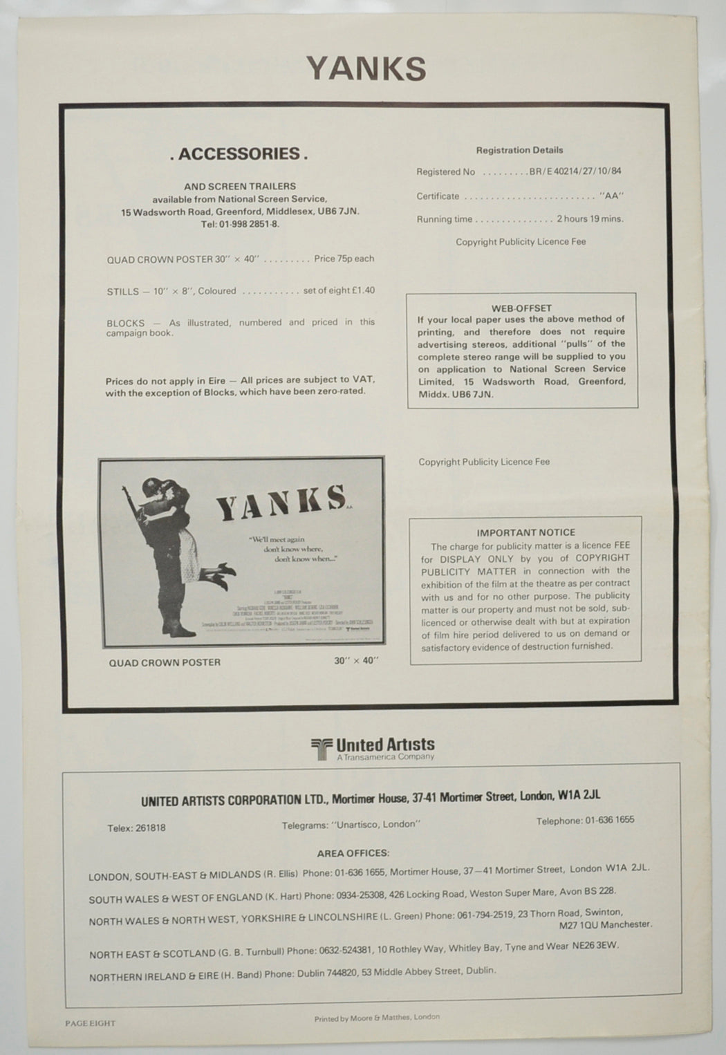 YANKS Cinema Exhibitors Campaign Pressbook - BACK 