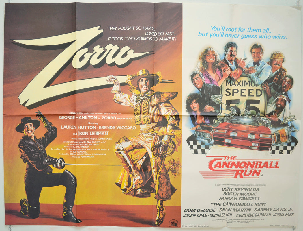 Zorro / The Cannonball Run  (Double Bill)   Original Quad Poster - Film Poster - Movie Poster  