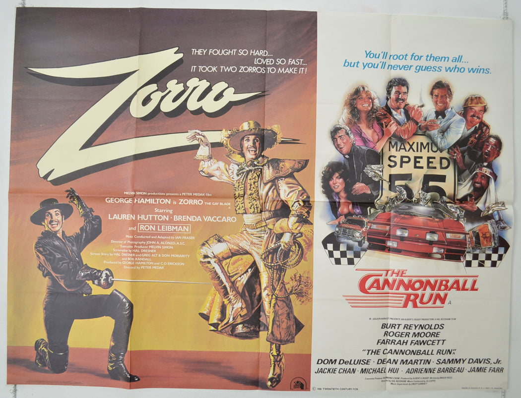 Zorro / The Cannonball Run  (Double Bill)  Original Quad Poster - Film Poster - Movie Poster 